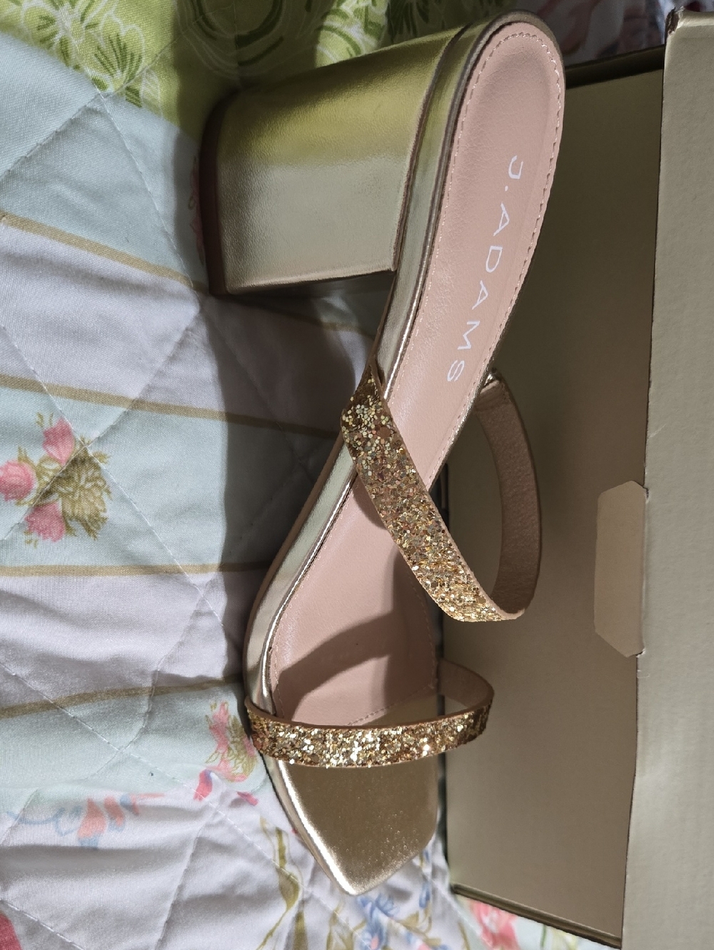 J. Adams Gold Glitter Double-Strap Block Heel Sandals